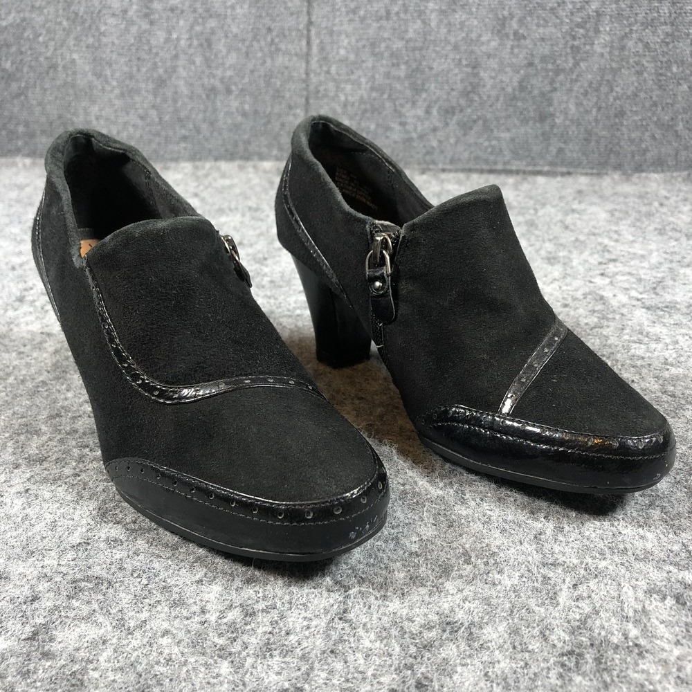 Clarks Artisan Shoes Womens Size 6 Black‎ Suede Block Heel Zip Pumps Square Toe